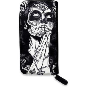 Liquorbrand Gypsy Rose Women's Zip Around Clutch Wallet | Day of the Dead Goth Gothic Rockabilly Dia De Los Muertos Sugar Skull Print