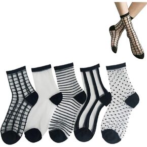 aoozleny Women Sheer Socks,Transparent Stretch Elasticity Ankle Cool Socks, 5 Pairs, Black White, M-L
