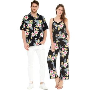 Matchable Couple Hawaiian Luau Shirt or V-Neck Jumpsuit with Pockets in Hibiscus Black