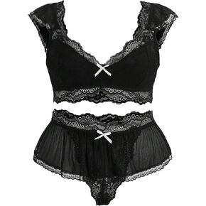 Verdusa Women's Plus Size 2 Piece Lingerie Set Lace Mesh Bralette Top and Panty Sets
