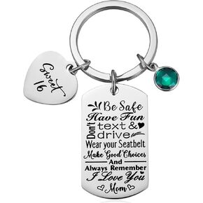 Sweet 16 New Driver Keychain Teen Daughter Gift New Driver Key Chain for 16th Birthday Teenager Keyring with Birthstone