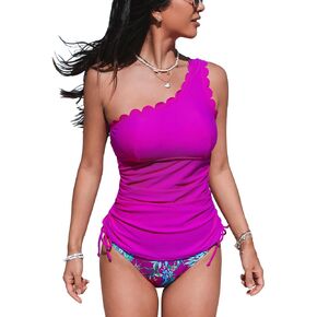 CUPSHE Women Swimsuit Tankini One Shoulder Scalloped Side Tie Tummy Control Floral Bathing Suit