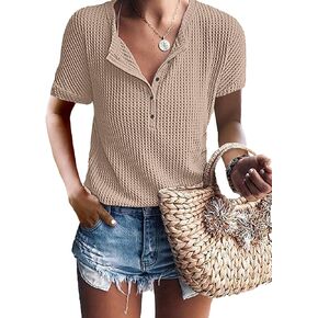 IWOLLENCE Womens Button Down Shirt Long Sleeve Henley Shirt Waffle Knit Tunic V Neck Tops Loose Fit