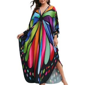 EDOLYNSA Caftan for Women Plus Size Butterfly Print Kaftan Dresses Long Bathing Suit Cover-ups Beach Outfit Loose Loungewear