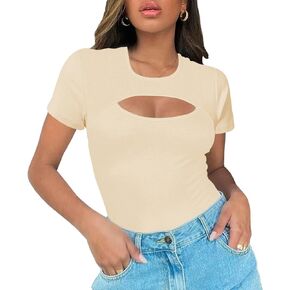 Afibi Womens Cutout Front Tops Short Sleeves Ribbed Sexy Fitted T-Shirts