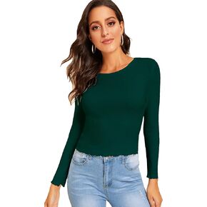SweatyRocks Women's Casual Knit Lettuce Trim Solid Basic Long Sleeve T Shirt Top