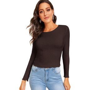 SweatyRocks Women's Casual Knit Lettuce Trim Solid Basic Long Sleeve T Shirt Top