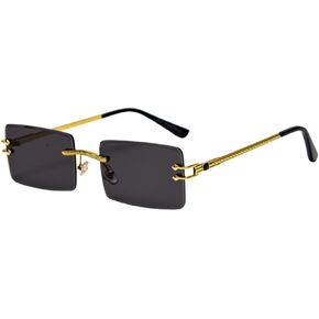 Men's Vintage Rimless Gold Frame Black Tint Retro Rectangular Sunglasses