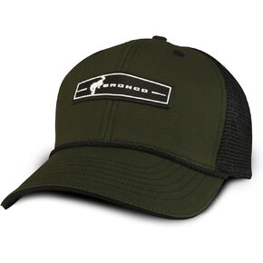 Ford Bronco Baseball Cap, Mesh Back Rubber Patch Trucker Hat, Dark Olive/Black