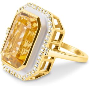 خواتم من الأحجار الكريمة على شكل مثمن كبير من MAX + STONE للنساء مع لمسات من المينا والياقوت الأبيض | خواتم من الذهب عيار 14 قيراط فوق الفضة الإسترلينية مضادة للحساسية مقاس 7