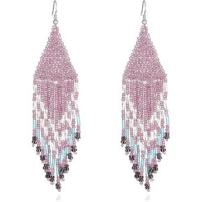 FUTIMELY Rice Beaded Tassel Drop Dangle Earrings for Women,Boho Handmade Seed Bead Native Bohemian Large Statement Fringe Long Earrings for Women Teen Girls in Kuwait