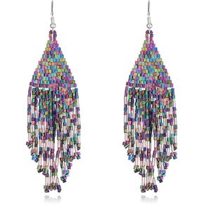 FUTIMELY Rice Beaded Tassel Drop Dangle Earrings for Women,Boho Handmade Seed Bead Native Bohemian Large Statement Fringe Long Earrings for Women Teen Girls