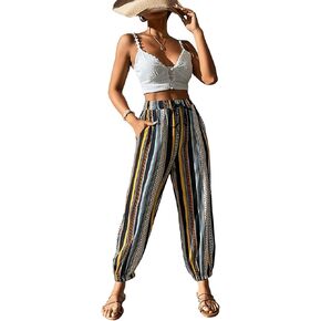SweatyRocks Women's Boho High Elastic Waist Tie Front Striped Print Pants with Pocket