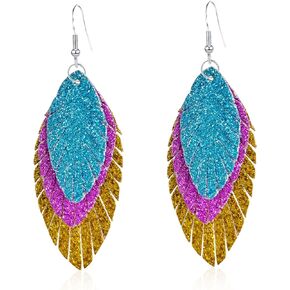 Anmpab Sequin Handmade Bohemian Large Genuine Leather Fringe Three Feather Lightweight Color PU Leaf Drop Dangle Earrings for Women Girls Fashion Jewelry Gifts