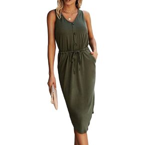 SweatyRocks Women's Sleeveless Adjustable Waist Button Midi Dress with Pocket