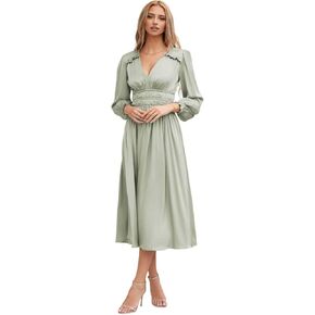 LunaJany Women's Formal Long Sleeve Empire Waist Dinner Evening Midi Satin Dress in Kuwait