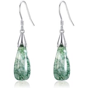 URONE Moss Agate Earrings 925 Sterling Silver Teardrop Dangle Gemstone Earrings Moss Agate Jewelry Gifts For Women Mother