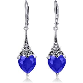 Valentine Leverback Earrings 925 Sterling Silver Vintage Retro Drop Dangle Earrings with 10mm Heart Birthstone Crystal, Anniversary Birthday Jewelry Gifts for Her Women