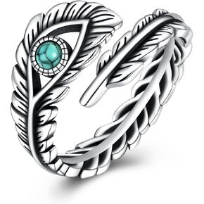 BEILIN Sterling Silver Turquoise Feather Ring Feather Adjustable Rings Vintage Jewelry Gifts for Women Men