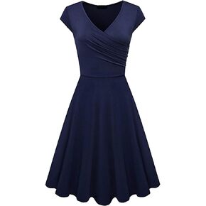 WIWIQS Women Vintage Women's Deep V Neck Casual Cross Wrap Flared Midi Dress