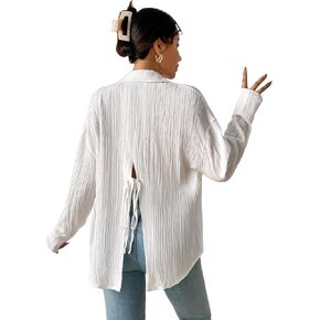Verdusa Women's Long Sleeve Textured Beach Shirt Frenchy Split Tie Button Up Blouse