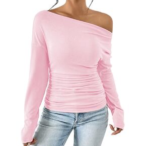 Women Casual Long Sleeve Boat Neck Off Shoulder Slim Fit Crop Top Going Out Blouses Y2K Tight Shirts