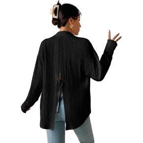 Verdusa Women's Long Sleeve Textured Beach Shirt Frenchy Split Tie Button Up Blouse