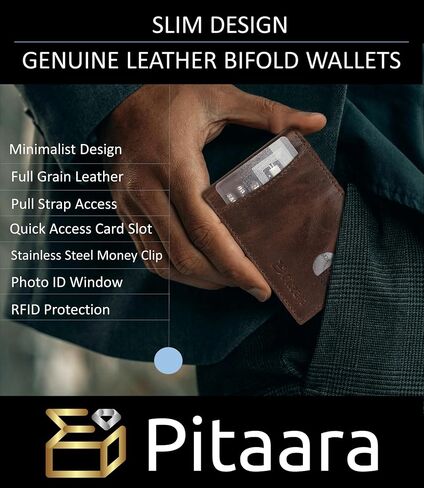 Pitaara Genuine Leather Slim Hand Crafted Minimalist Front Pocket Bifold Wallet with RFID Blocking and Money Clip For Men in Saudi Arabia