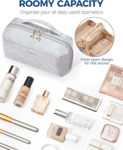 حقيبة مستحضرات التجميل للسفر ذات سعة كبيرة من باغسمارت - حقائب مكياج محمولة، منظم مستحضرات التجميل للسفر للنساء والفتيات، مع مقسم ومقبض، أسود in Kuwait