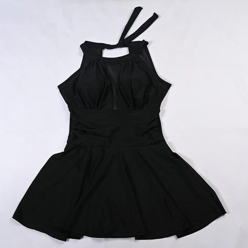 Women's One Piece Swimdress Tummy Control V-Neck Mesh Ruched Bathing Suits High Waisted Monokini Swimsuits in Kuwait