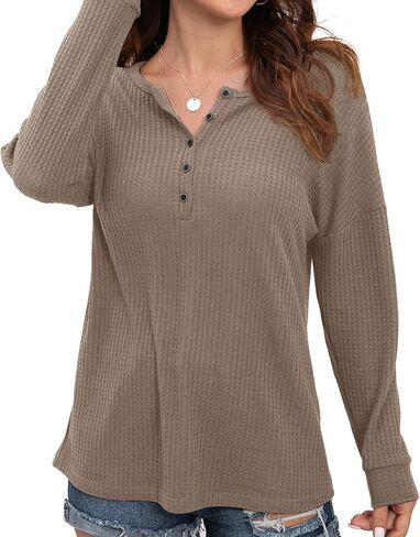 قميص نسائي من IWOLLENCE بأزرار للأسفل وأكمام طويلة، قميص هينلي، سترة منسوجة على شكل حرف V، ملابس فضفاضة in Kuwait