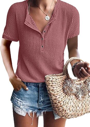 قميص نسائي من IWOLLENCE بأزرار للأسفل وأكمام طويلة، قميص هينلي، سترة منسوجة على شكل حرف V، ملابس فضفاضة in Kuwait