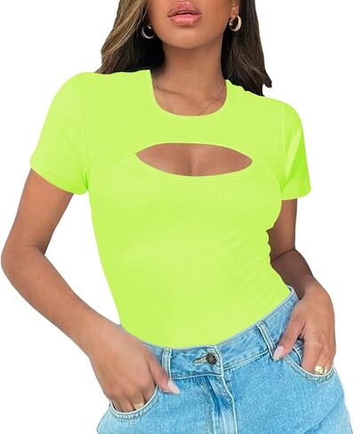 Afibi Womens Cutout Front Tops Short Sleeves Ribbed Sexy Fitted T-Shirts in Saudi Arabia