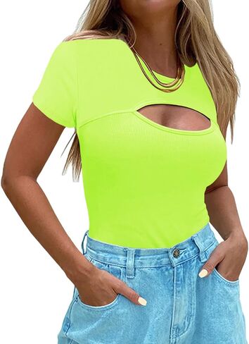 Afibi Womens Cutout Front Tops Short Sleeves Ribbed Sexy Fitted T-Shirts in Saudi Arabia