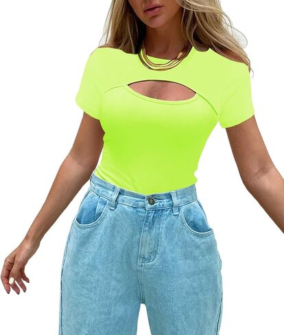 Afibi Womens Cutout Front Tops Short Sleeves Ribbed Sexy Fitted T-Shirts in Saudi Arabia