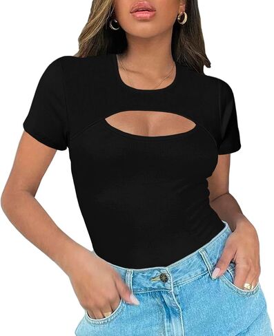 Afibi Womens Cutout Front Tops Short Sleeves Ribbed Sexy Fitted T-Shirts in Saudi Arabia