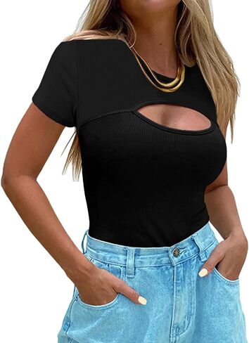 Afibi Womens Cutout Front Tops Short Sleeves Ribbed Sexy Fitted T-Shirts in Saudi Arabia