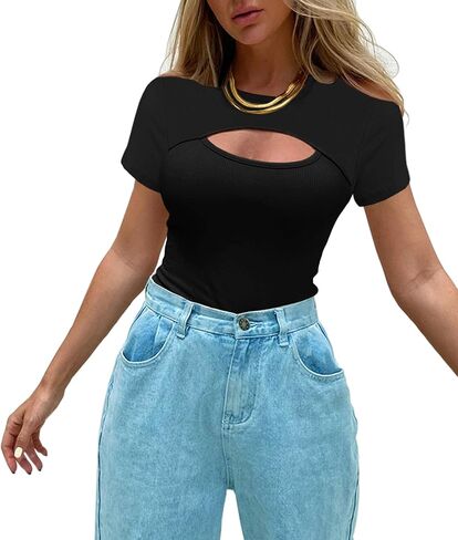 Afibi Womens Cutout Front Tops Short Sleeves Ribbed Sexy Fitted T-Shirts in Saudi Arabia