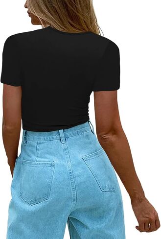 Afibi Womens Cutout Front Tops Short Sleeves Ribbed Sexy Fitted T-Shirts in Saudi Arabia