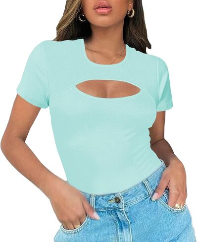 Afibi Womens Cutout Front Tops Short Sleeves Ribbed Sexy Fitted T-Shirts in Saudi Arabia