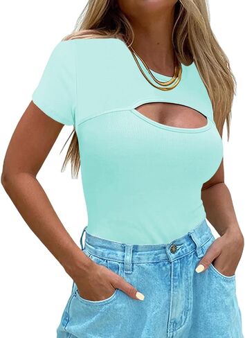 Afibi Womens Cutout Front Tops Short Sleeves Ribbed Sexy Fitted T-Shirts in Saudi Arabia