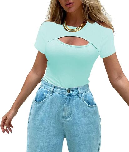 Afibi Womens Cutout Front Tops Short Sleeves Ribbed Sexy Fitted T-Shirts in Saudi Arabia