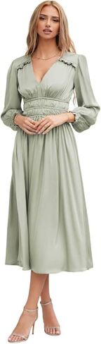 LunaJany Women's Formal Long Sleeve Empire Waist Dinner Evening Midi Satin Dress in Kuwait