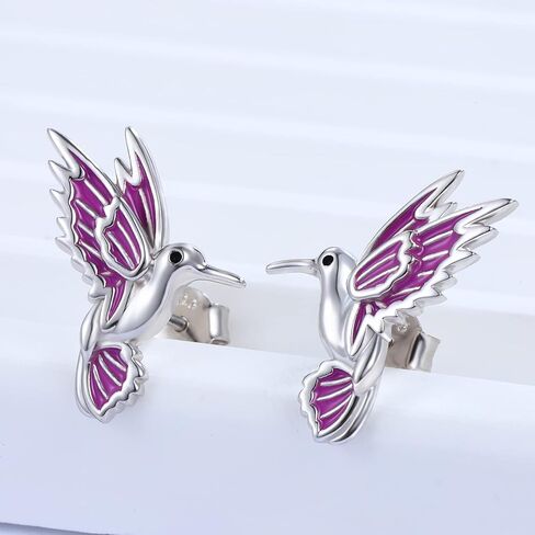 925-Sterling-Silver Cute Hummingbird Stud Earrings - Lovely Flying Bird With Purple Handmade Enamel Animal Hypoallergenic Jewelry Gifts for Women Girls EJALEN, Sterling Silver, No Gemstone in Kuwait