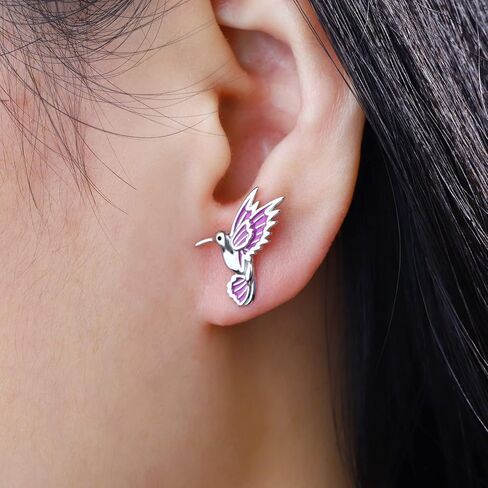 925-Sterling-Silver Cute Hummingbird Stud Earrings - Lovely Flying Bird With Purple Handmade Enamel Animal Hypoallergenic Jewelry Gifts for Women Girls EJALEN, Sterling Silver, No Gemstone in Kuwait