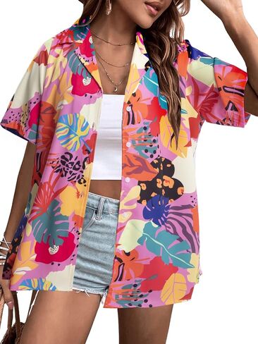 قمصان هاواي للنساء قمصان هاواي الاستوائية المطبوعة بالزهور بأزرار سفلية ورقبة على شكل حرف V وأكمام قصيرة وبلوزات علوية in Kuwait