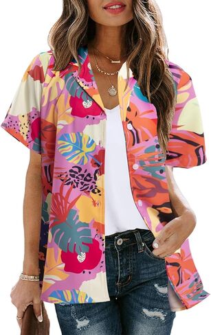 قمصان هاواي للنساء قمصان هاواي الاستوائية المطبوعة بالزهور بأزرار سفلية ورقبة على شكل حرف V وأكمام قصيرة وبلوزات علوية in Kuwait