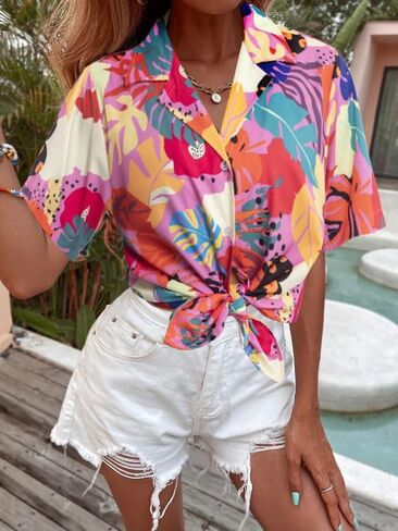 قمصان هاواي للنساء قمصان هاواي الاستوائية المطبوعة بالزهور بأزرار سفلية ورقبة على شكل حرف V وأكمام قصيرة وبلوزات علوية in Kuwait