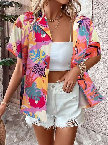قمصان هاواي للنساء قمصان هاواي الاستوائية المطبوعة بالزهور بأزرار سفلية ورقبة على شكل حرف V وأكمام قصيرة وبلوزات علوية in Kuwait