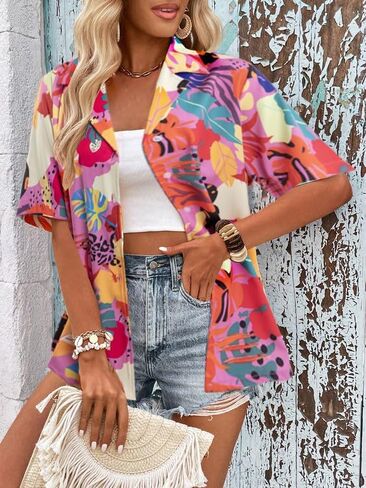 قمصان هاواي للنساء قمصان هاواي الاستوائية المطبوعة بالزهور بأزرار سفلية ورقبة على شكل حرف V وأكمام قصيرة وبلوزات علوية in Kuwait